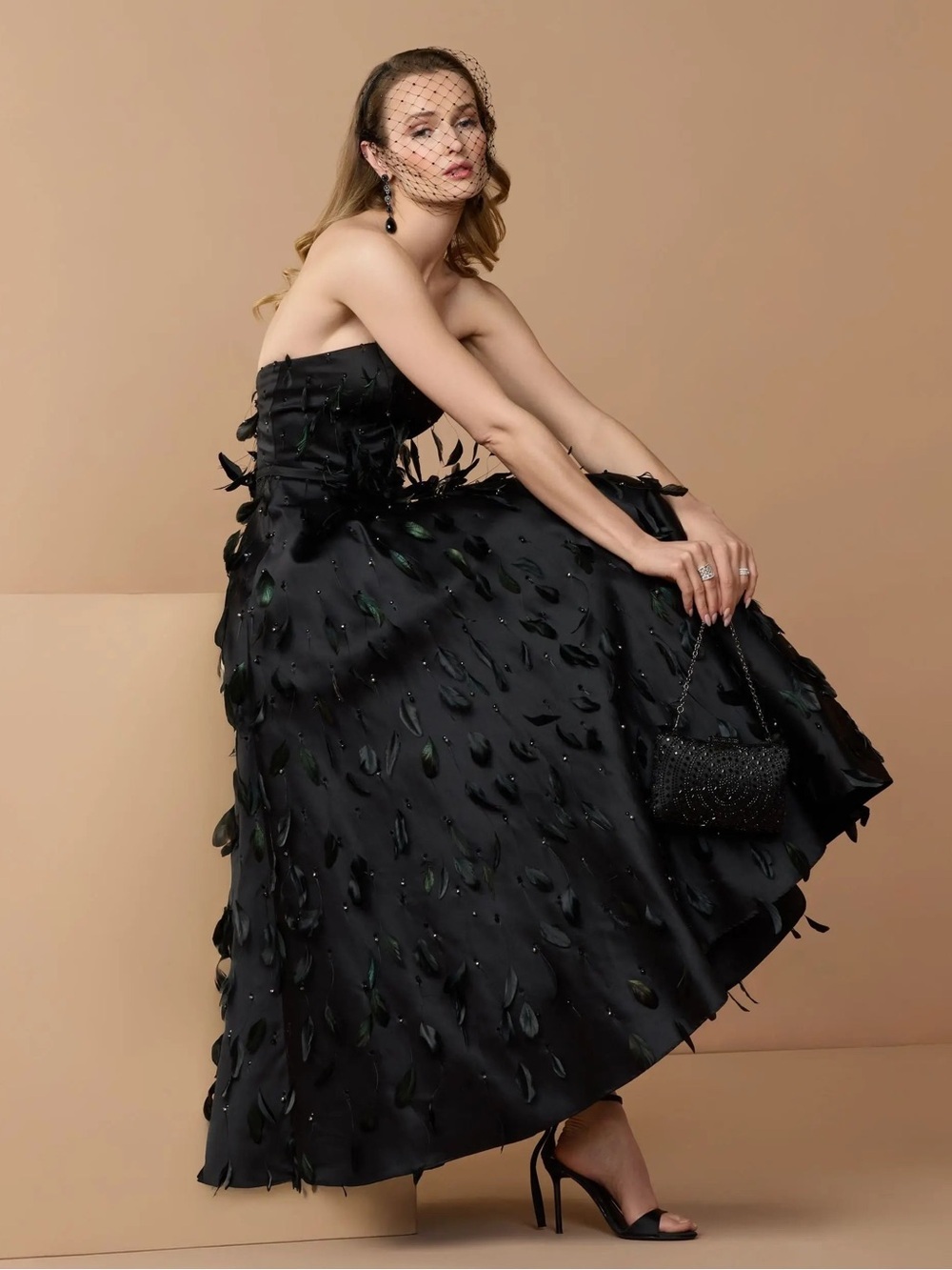 Mac Duggal 11634 Black Strapless Feather Embellished Satin A-Line Dress Size 12